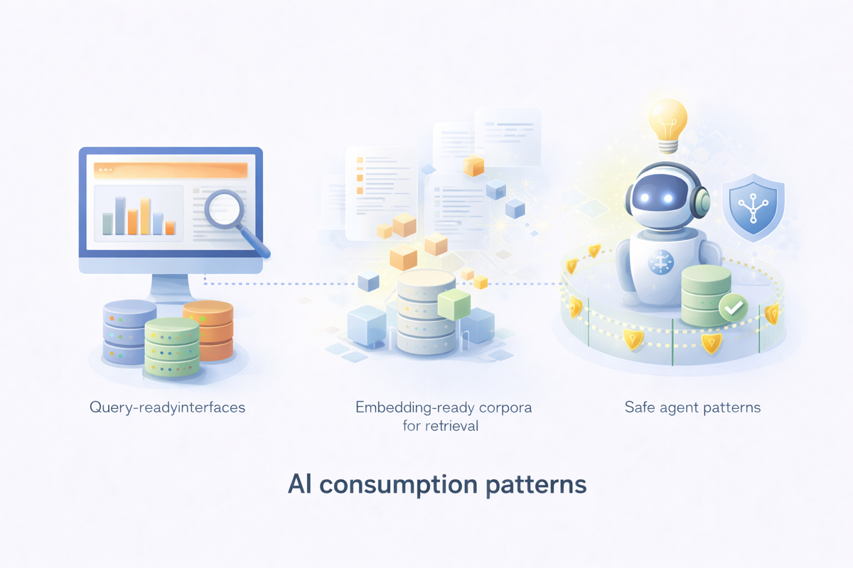 AI consumption patterns diagram showing query-ready interfaces, embedding-ready corpora, and safe agent patterns