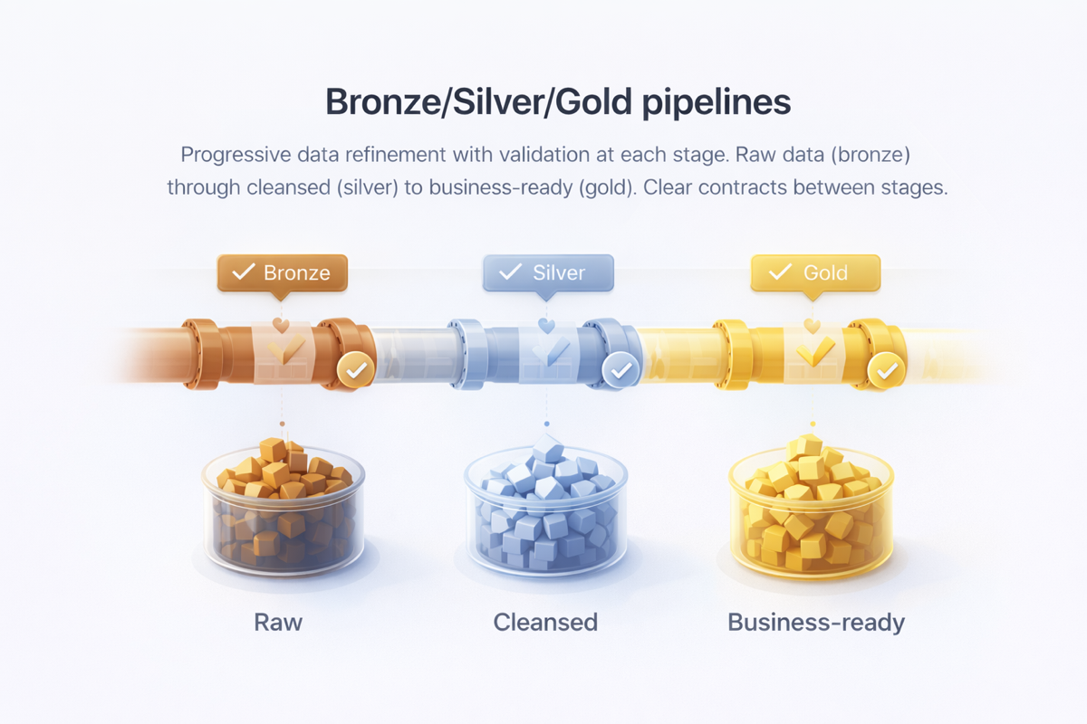 Bronze/Silver/Gold pipeline diagram showing data progression from raw to business-ready