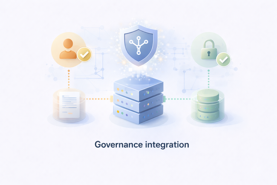 Governance integration diagram showing ownership, lineage, and access controls built into the platform