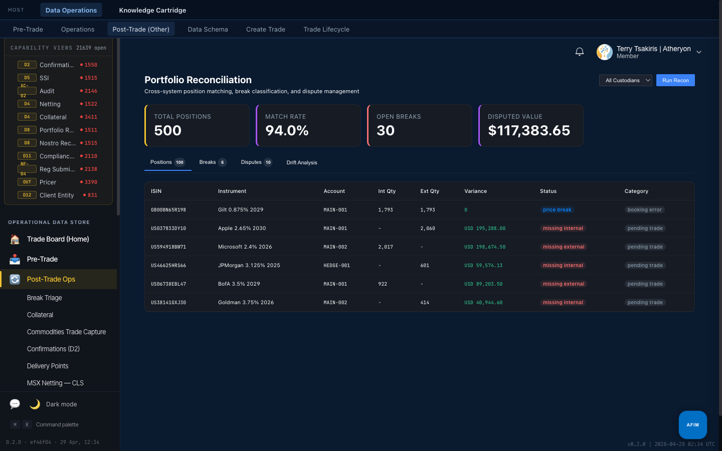 Portfolio Reconciliation screen